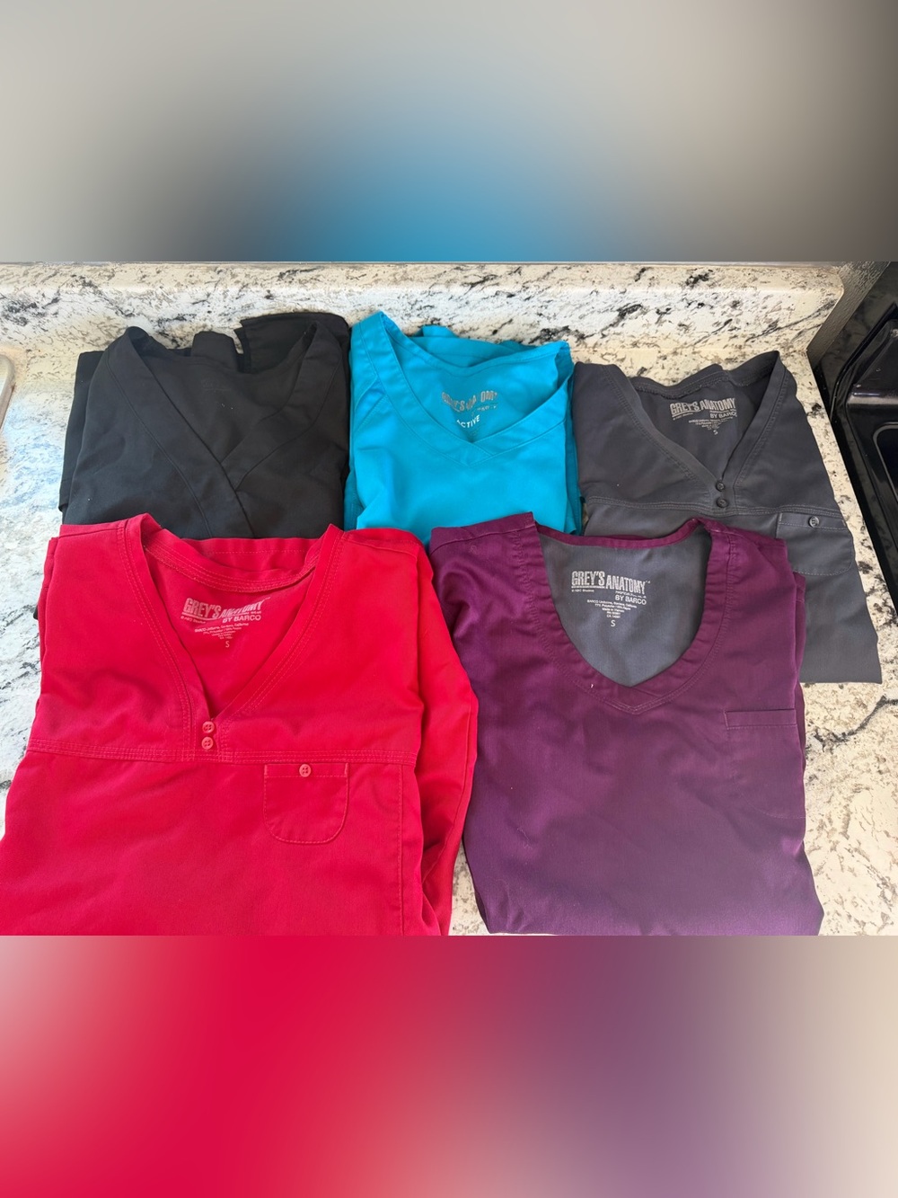 Grey's Anatomy Scrub Tops lot of 5. Size small in Black, Teal, Red, Plum, Gray